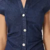 Koyu Mavi Büzgü Detaylı Denim Elbise - Görsel 5
